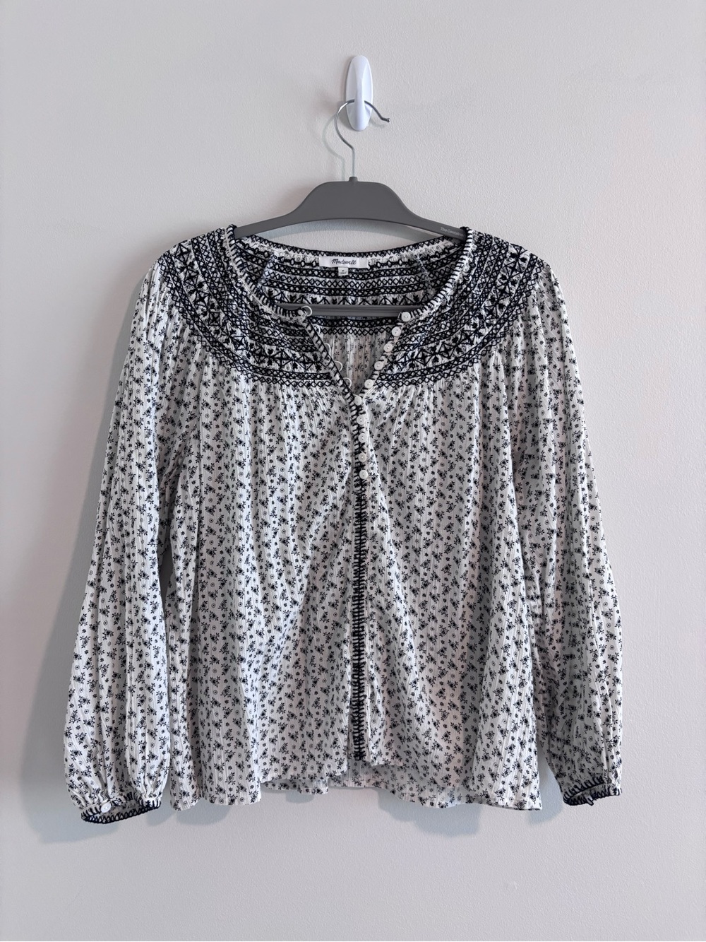 Madewell Black & White Embroidered Peasant Blouse